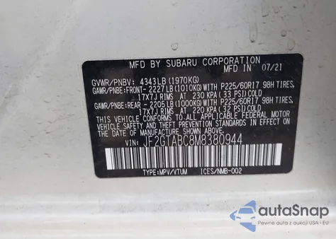 2021 Subaru Crosstrek из США, поврежденный, VIN JF2GTABC8M8380944